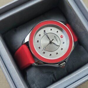 Michele Ladies Wristwatch Red Rubber Strap Analog Quartz 11 GEM Stones Watch